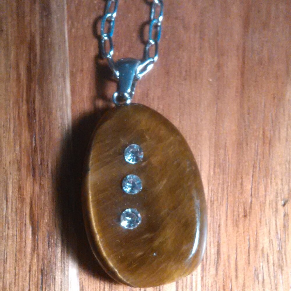Tiger's Eye and White Austrian Crystal Stainless Steel Pendant Necklace